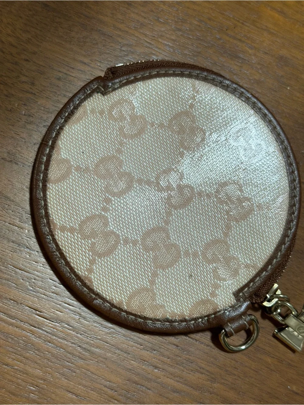 Gucci Beige and Brown Round GG Coin Pouch with Gold-Tone Hardware
